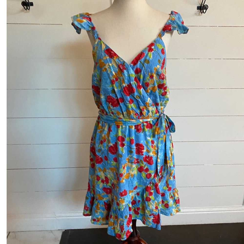 LC Lauren Conrad Summer Picnic Blue Red Floral Faux‎ Wrap Ruffle Dress M EUC - Picture 6 of 16